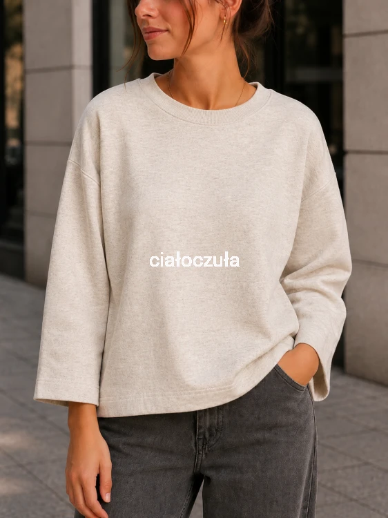 Bluza z rękawem 7/8 w kolorze jasnobeżowego melanżu, widok z przodu