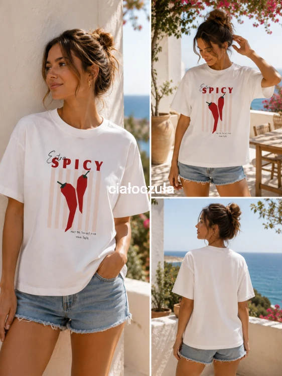 Bluzka z krótkim rękawem w kolorze ecru z nadrukiem dwóch czerwonych papryczek chilli na tle pionowych beżowych pasków oraz z napisem powyżej Extra Spicy. Kolaż trzech zdjęć w różnych ujęciach