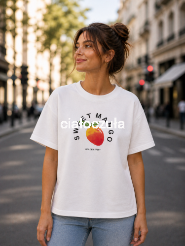 Biała bluzka z krótkim rękawem z nadrukiem owocu mango na piersiach oraz napisem Sweet Mango