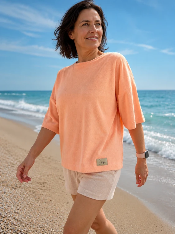 Luźny t-shirt frotte w kolorze brzoskwiniowym